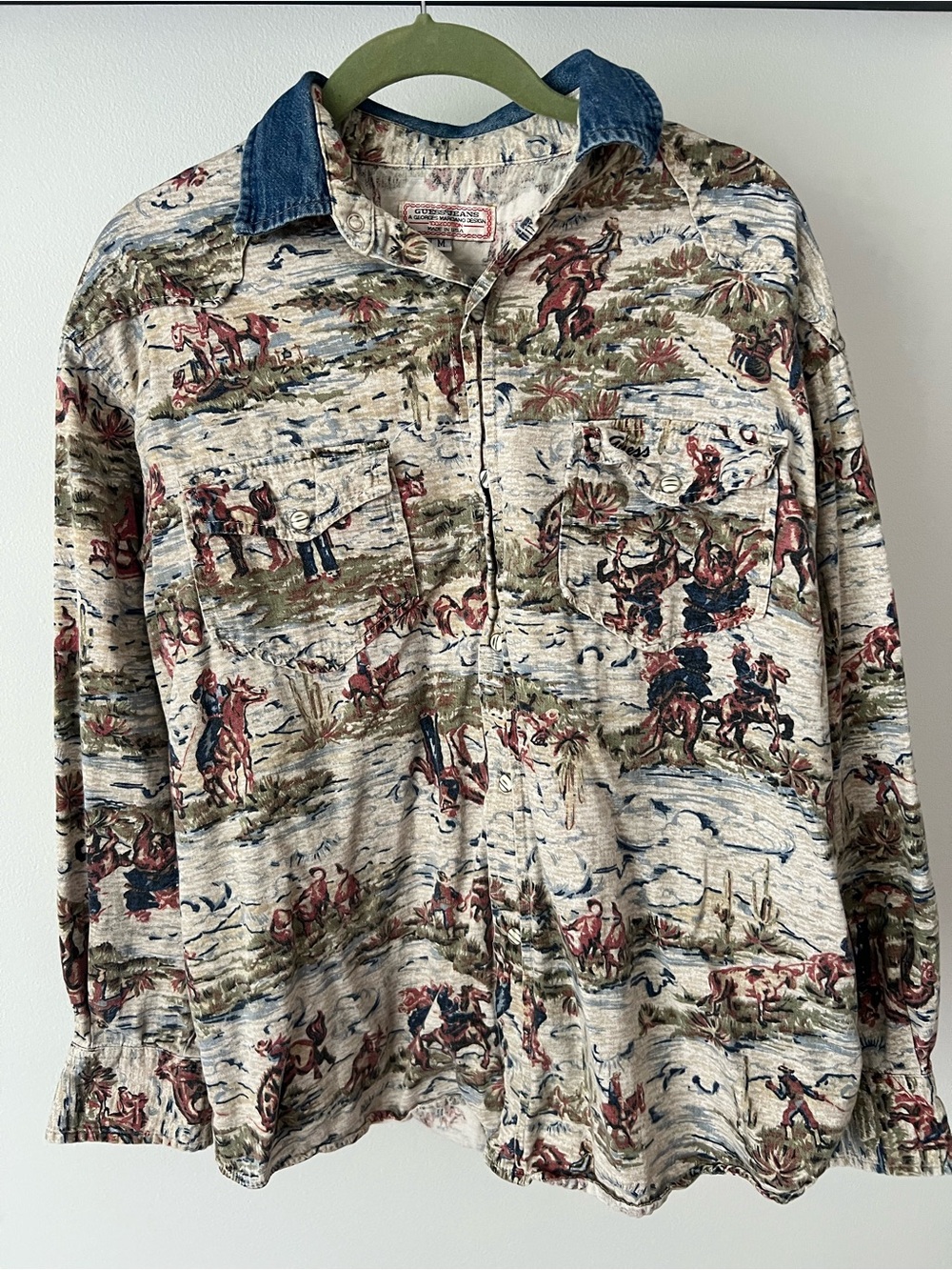 GUESS JEANS GEORGES MARCIANO Vintage Western Cowboy Rodeo Horse Denim Shirt M